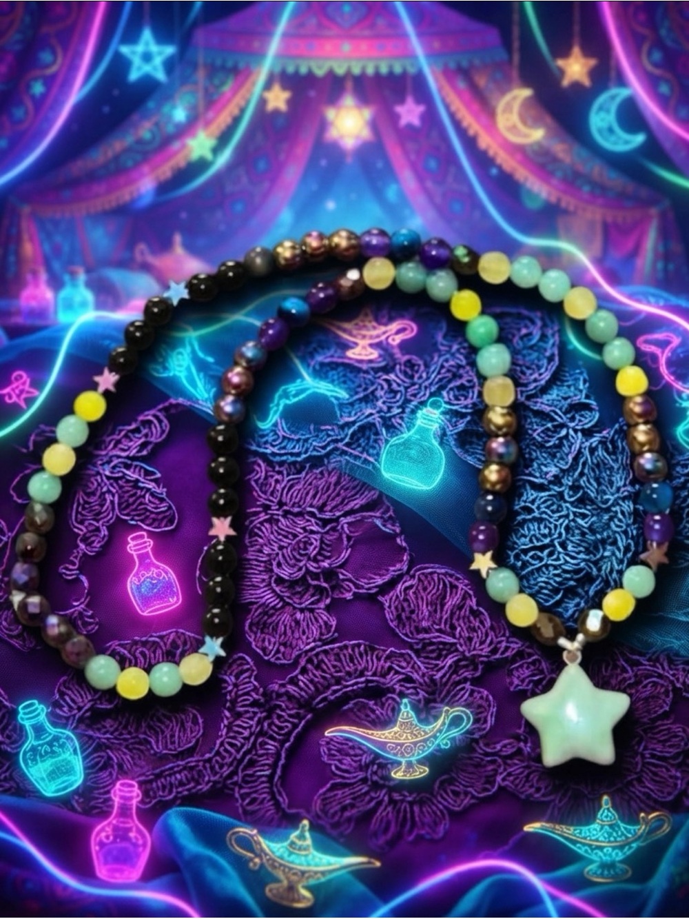 Neon Genie Necklace(Yellow Jade, Rainbow Hematite, Rainbow Obsidian, Aventurine)